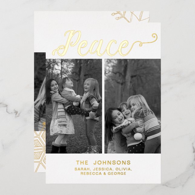 Simple Modern Script Handwritten Peace 3 photos Foil Holiday Card (Front/Back)