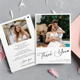 Simple modern script heart 2 photo wedding thank you card
