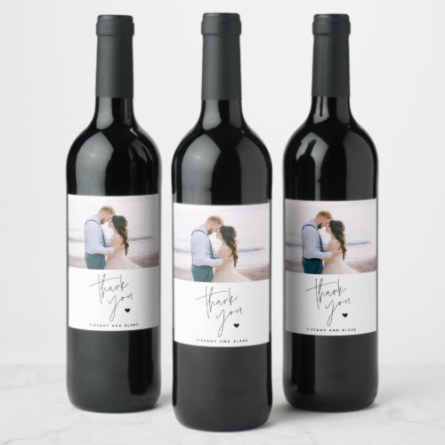Simple Modern Script Heart Wedding Thank You Wine Label