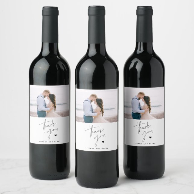 Simple Modern Script Heart Wedding Thank You Wine Label (Bottles)