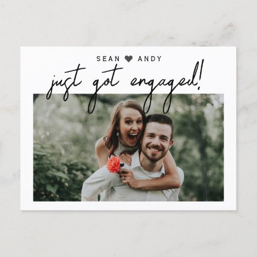 Simple Modern Script Just Got Engaged Photo Announcement Postcard