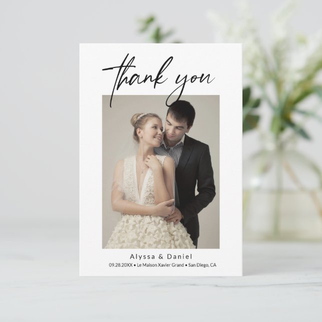 Simple Modern Script Minimalist wedding photos Thank You Card (Standing Front)