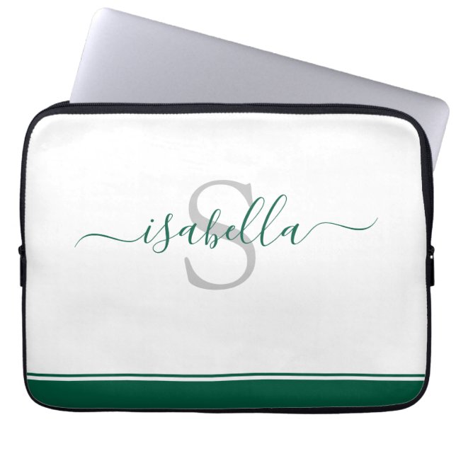 Simple Modern Script Monogram Emerald Green Laptop Sleeve (Front)