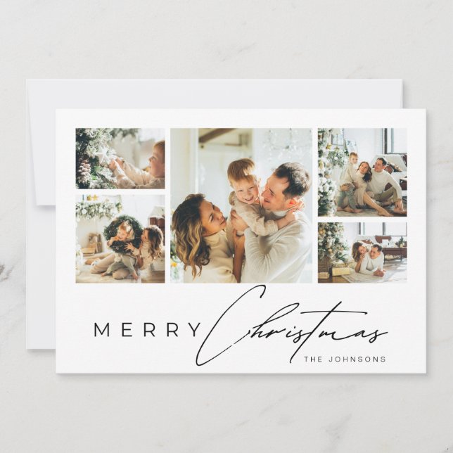 Simple Modern Script Multi Photo Collage Christmas Holiday Card (Front)