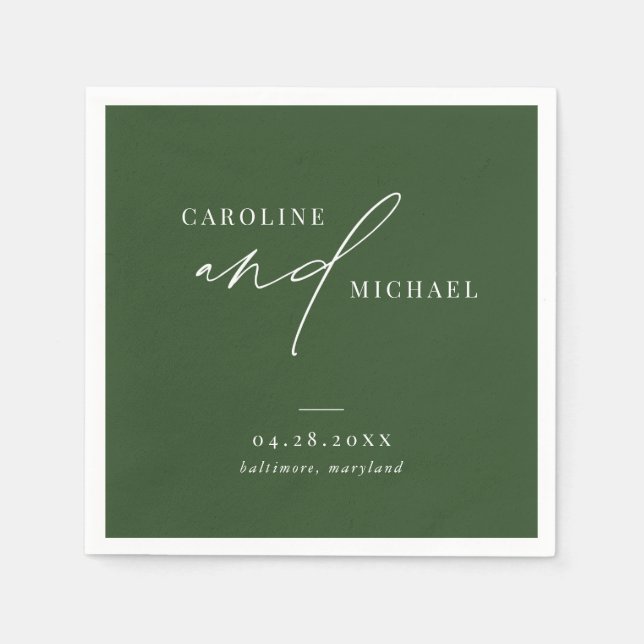 Simple Modern Script Names Green Wedding Napkins (Front)