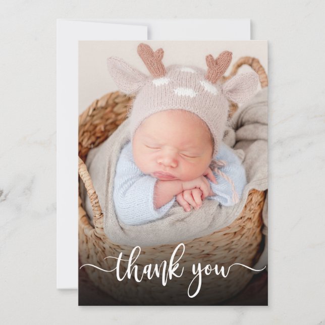 Simple Modern Script Newborn Baby Photo Thank You (Front)