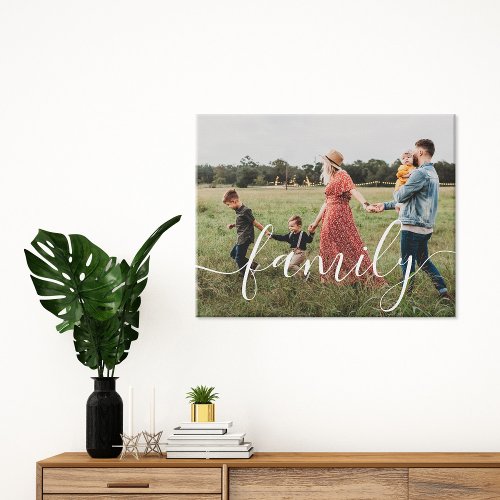 Simple Modern Script Personalized Family Photo Faux Canvas Print