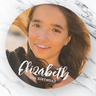 Simple Modern Script Photo Birthday Greeting Classic Round Sticker