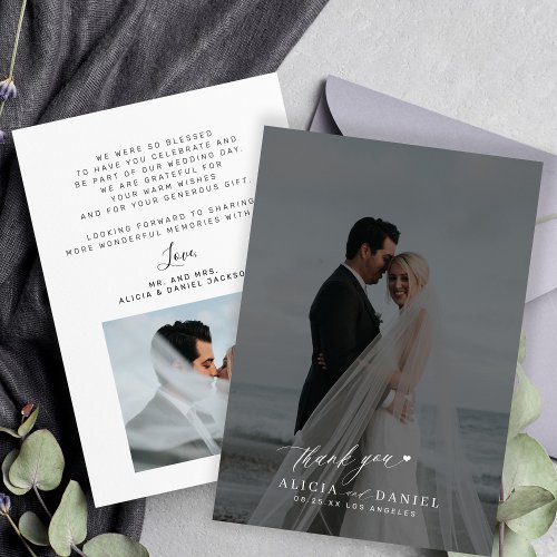 Simple modern script photo black overlay wedding  thank you card