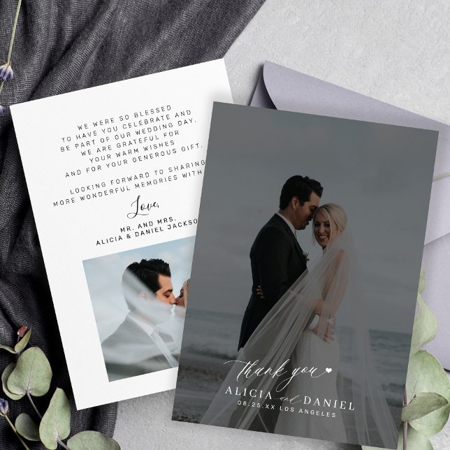 Simple modern script photo black overlay wedding  thank you card (Creator Uploaded)