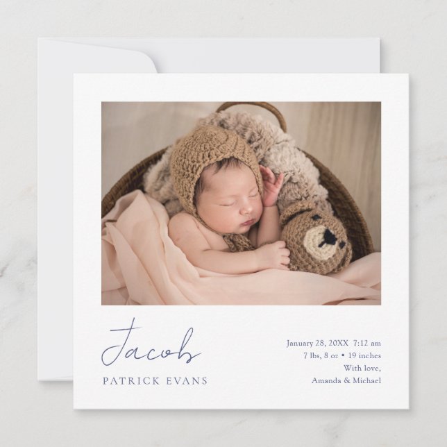 Simple Modern Script Photo Boy or Girl Birth Announcement (Front)