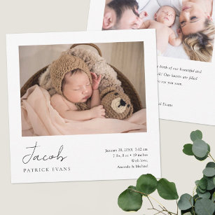 Simple Modern Script Photo Boy or Girl Birth Announcement