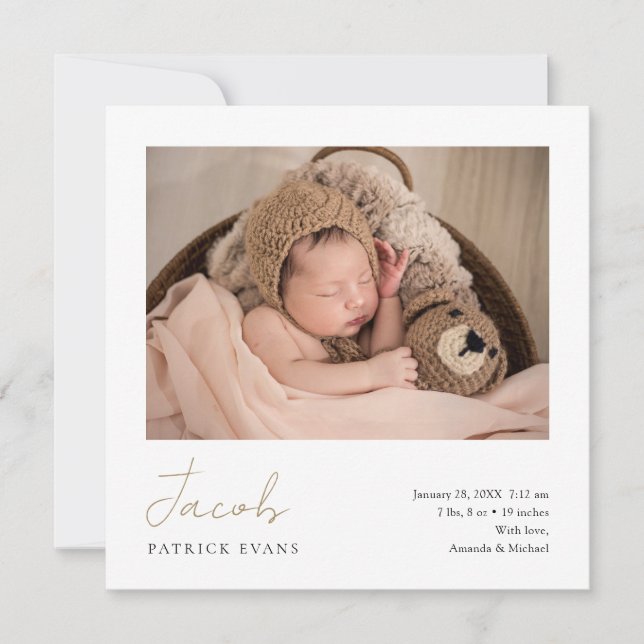 Simple Modern Script Photo Boy or Girl Birth Announcement (Front)