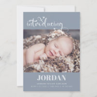 Simple Modern Script Photo Collage Blue Birth Announcement