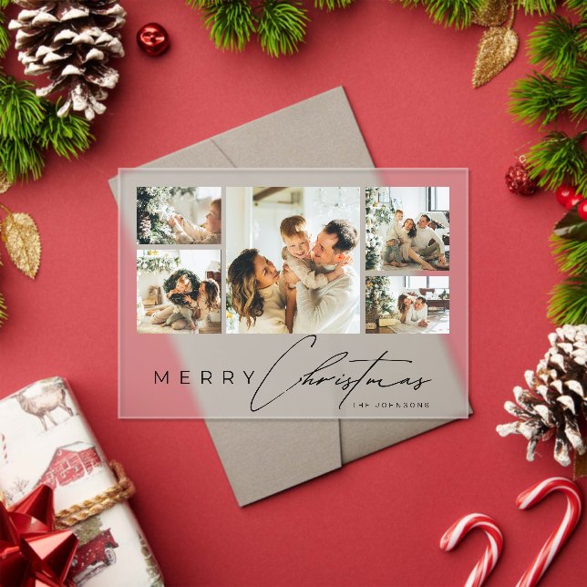 Simple Modern Script Photo Collage Christmas Card Acrylic Invitations (Insitu (Holiday))
