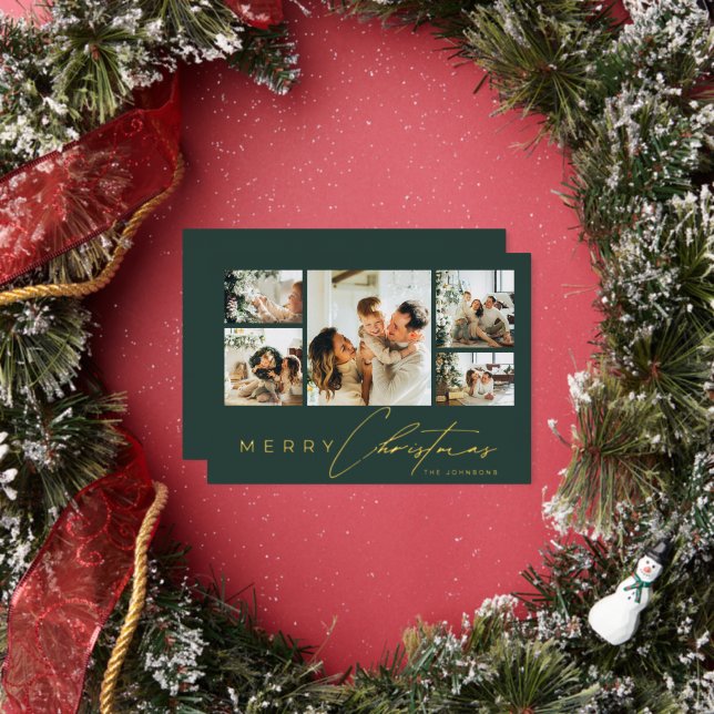 Simple Modern Script Photo Collage Green Christmas Foil Holiday Card (Insitu)