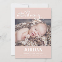 Simple Modern Script Photo Collage Pink Birth Announcement