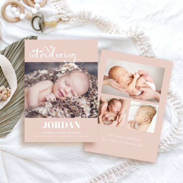 Simple Modern Script Photo Collage Pink Birth Announcement (Creator Uploaded)