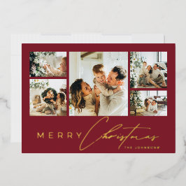 Simple Modern Script Photo Collage Red Christmas Foil Holiday Card
