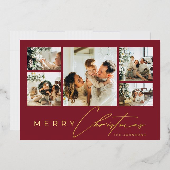 Simple Modern Script Photo Collage Red Christmas Foil Holiday Card (Envelope)