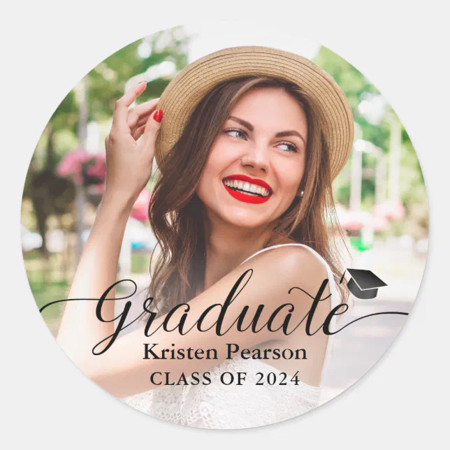 Simple Modern Script Photo Graduation Classic Round Sticker Zazzle 