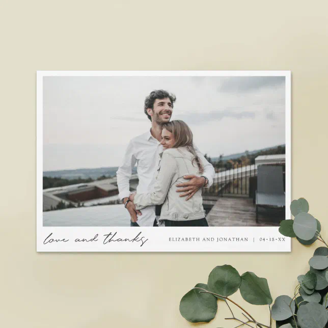 Simple Modern Script Photo Love and Thanks Wedding Thank You Card | Zazzle