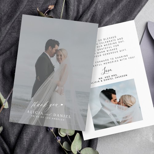 Simple modern script photo overlay wedding  thank you card
