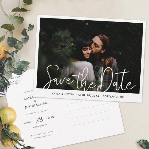 Simple Modern Script Photo Save the Date Wedding  Invitation Postcard