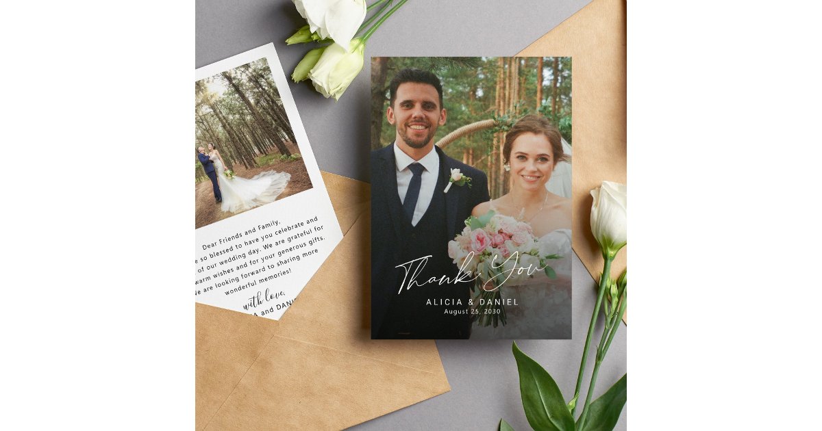 Simple modern script photo wedding thank you card | Zazzle