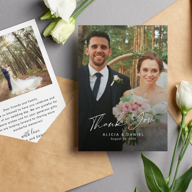 Simple modern script photo wedding thank you card (Creator Uploaded)