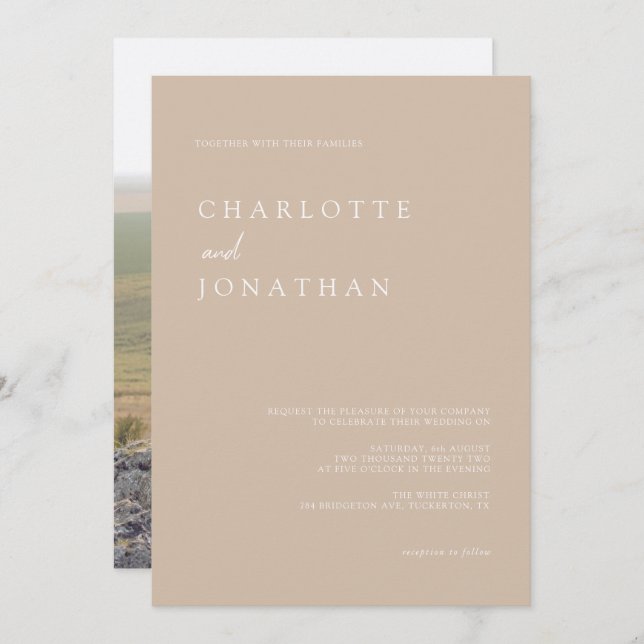 Simple Modern Script Taupe Pink Photo Wedding Invitation (Front/Back)