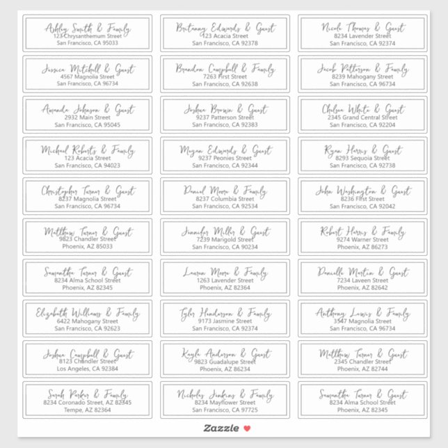 Simple Modern Script Wedding Guest Names Address Sticker (Sheet)
