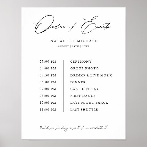 Simple Modern Script Wedding Order of Events Sign