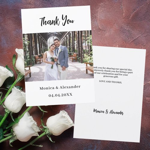 Simple modern script wedding photo thank you card