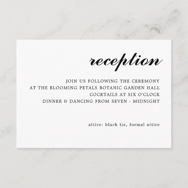 Simple Modern Script Wedding Reception Black Enclosure Card (Front)