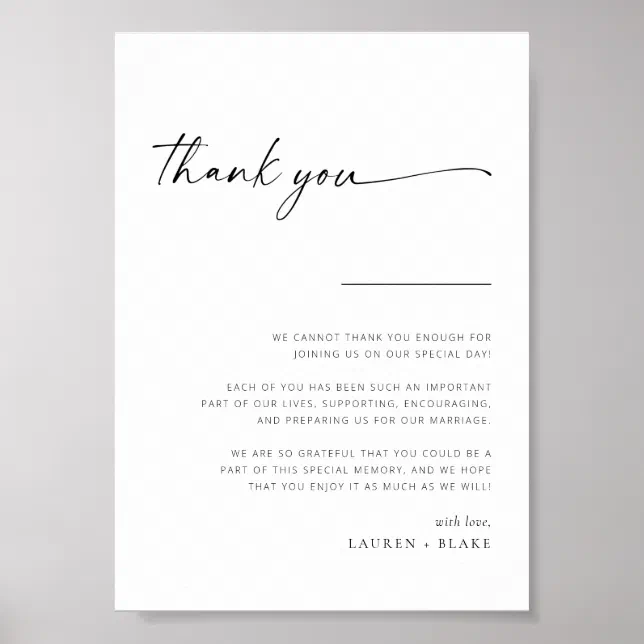 Simple Modern Script Wedding Thank You Sign | Zazzle