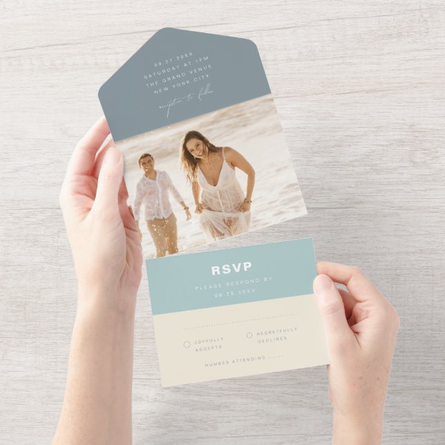 Simple Modern Sea Glass Dusty Blue Beach Wedding All In One Invitation (Tearaway)