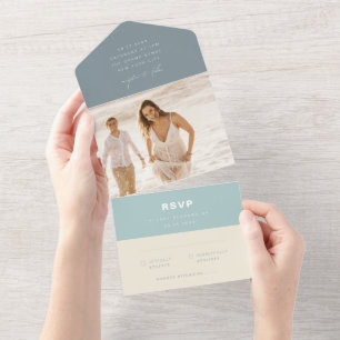 Simple Modern Sea Glass Dusty Blue Beach Wedding All In One Invitation