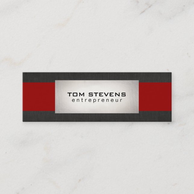 Simple Modern Silver Black Linen Red Striped Mini Business Card (Front)