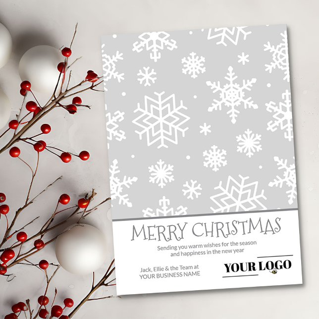 Simple Modern Silver Grey Christmas Snowflake Logo Holiday Card (Logo Holiday Card with Merry Christmas and Snowflakes by Busy Business Bee)