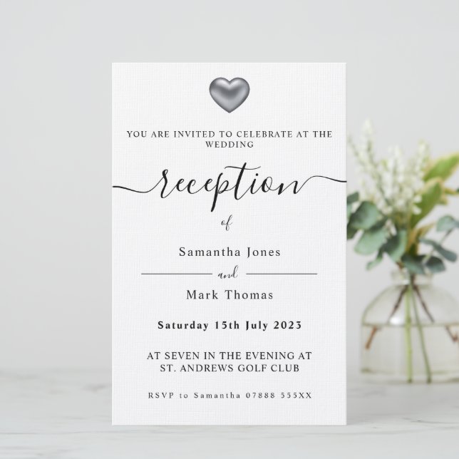 Simple Modern Silver Heart Reception  Stationery (Standing Front)