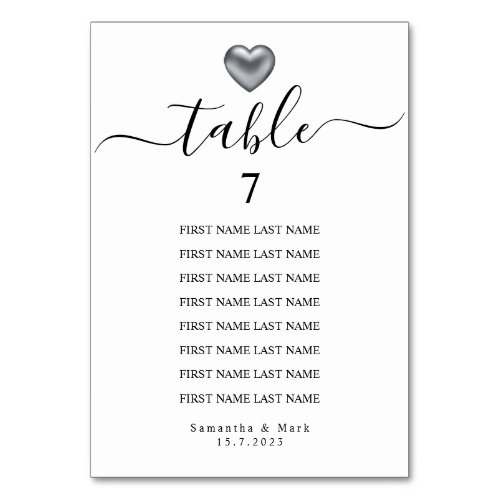 Simple Modern Silver Heart Typography Wedding Table Number