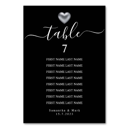 Simple Modern Silver Heart Typography Wedding Table Number