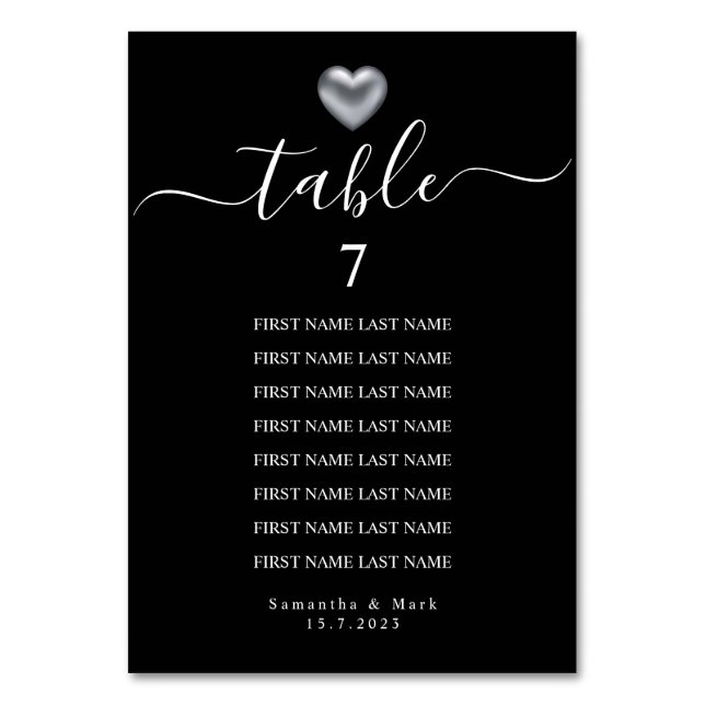 Simple Modern Silver Heart Typography Wedding Table Number (Front)