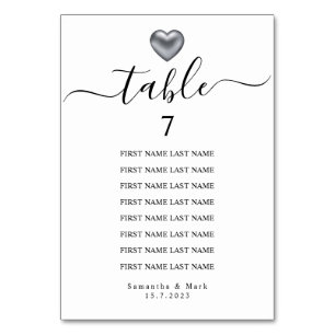 Simple Modern Silver Heart Typography Wedding Table Number