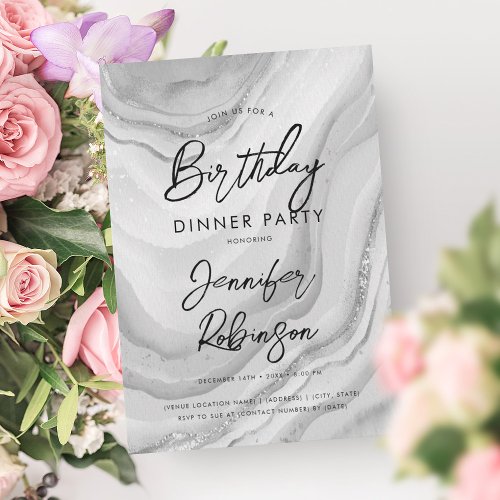 Simple Modern Silver Marble Birthday Dinner Party  Invitation
