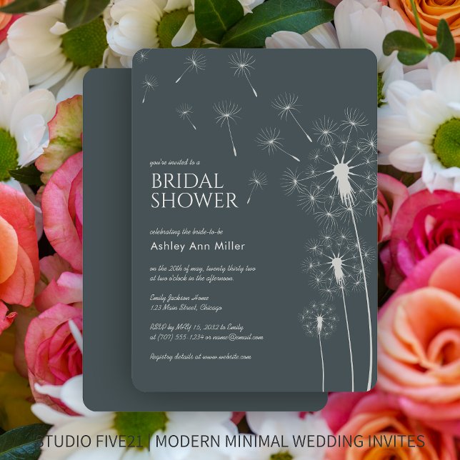 Simple Modern Slate Gray Dandelion Bridal Shower Invitation (Creator Uploaded)