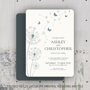 Simple Modern Slate Gray Dandelion Wedding Invitation