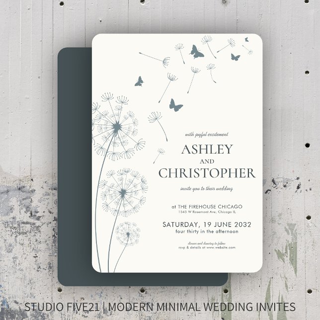 Simple Modern Slate Gray Dandelion Wedding Invitation (Creator Uploaded)