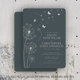 Simple Modern Slate Gray Dandelion Wedding Invitation